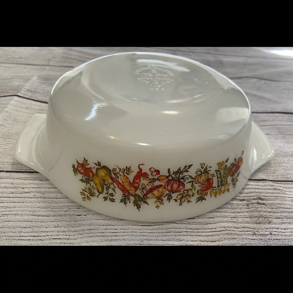 Vintage Anchor Hocking Fire King 1 QT Glass Dish Vegetable Print White Green
